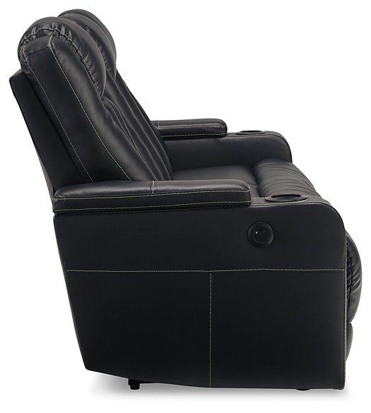 Center Point Black Reclining Sofa with Drop Down Table