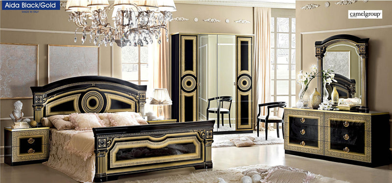 ESF Furniture Aida Queen Panel Bed in Black w/ Gold
