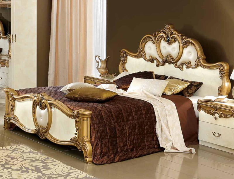 ESF Furniture Barocco Queen Leather Panel Bed in Ivory w/ Gold