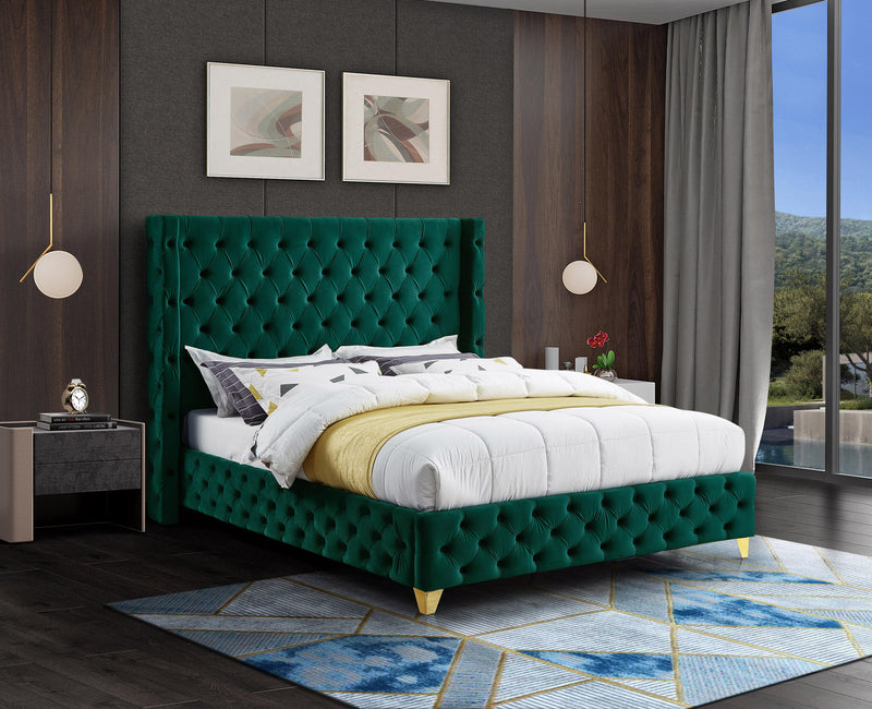 Savan Green Velvet Queen Bed