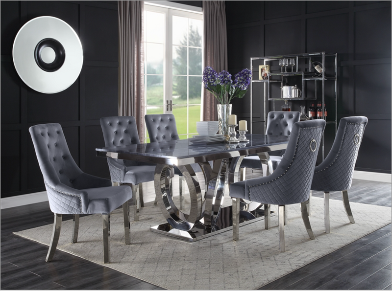 Nasir Gray Printed Faux Marble & Mirrored Silver Finish Dining Room Set image